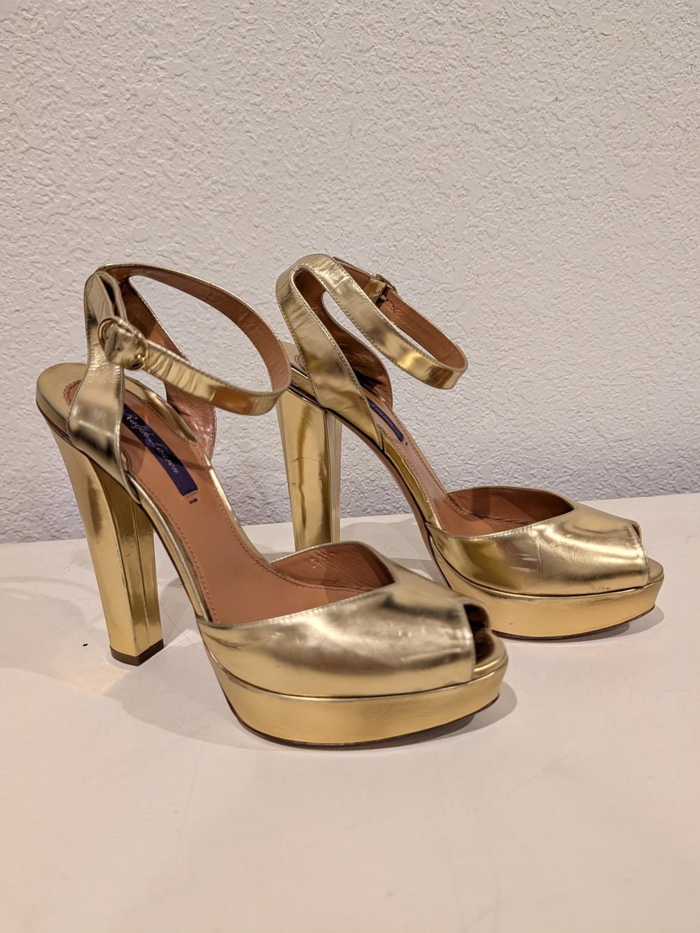 Ralph Lauren Metallic Gold Platform Peep-Toe Heels 38.5